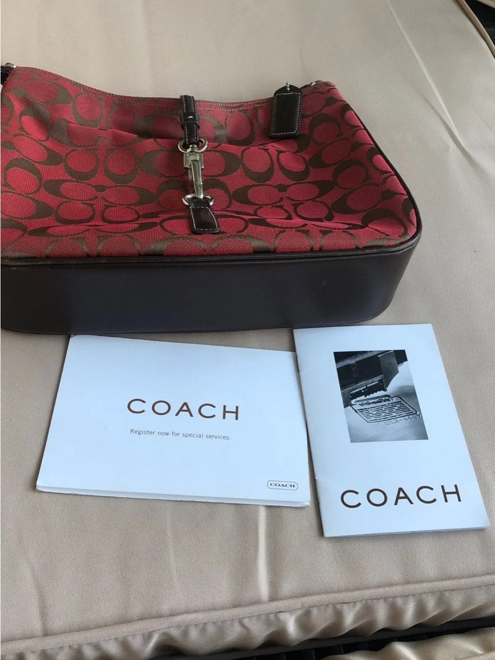 Coach Red and Brown Signature Shoulder Bag